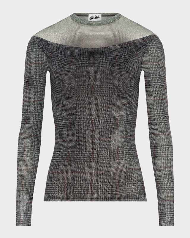 Check Layered Mesh Long-Sleeve Top